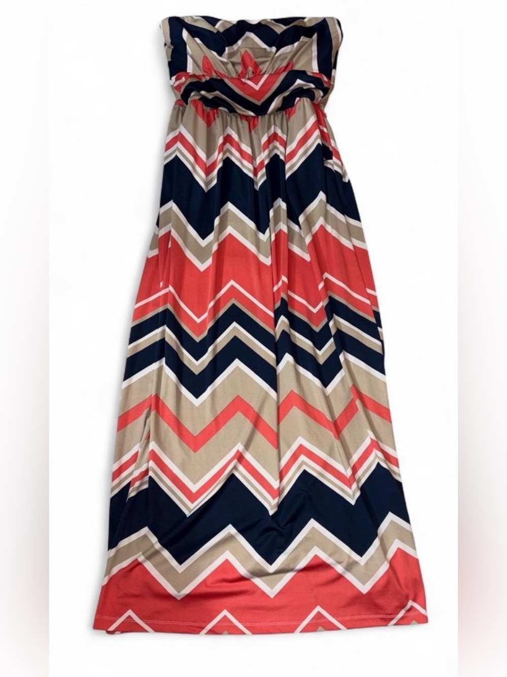 Emerald Sundae Chevron Maxi Skirt - Coral, Navy & Tan